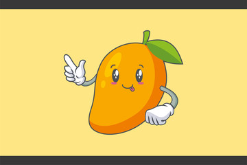 DUMB, FUNNY, TONGUE, cheerful Face Emotion. Forefinger Hand Gesture. Yellow Mango Fruit Cartoon Drawing Mascot Illustration.
