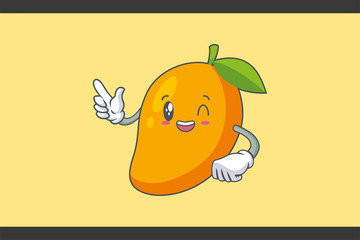 GRINNING WINK, HAPPY, cheerful Face Emotion. Forefinger Hand Gesture. Yellow Mango Fruit Cartoon Drawing Mascot Illustration.