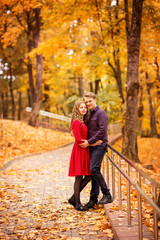 young couple walks in the autumn Park. Orange and yellow leaves around