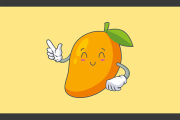 SMILING, HAPPY, RELIEVED Face Emotion. Forefinger Hand Gesture. Yellow Mango Fruit Cartoon Drawing Mascot Illustration.
