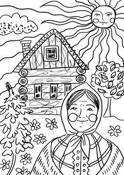 Hand-drawn colouring colouring book pages sheets Zen Anti stress meditation Relaxation decorative Russian village babushka old woman lady sun wooden house to paint for children kids adults