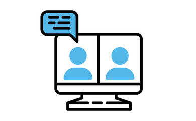 Video conference icon. People on computer screen. Home office in quarantine times. Internet virtual teaching media. Digital communication