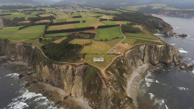 Aerial view of amazing cliffs  in Asturias,Spain Busto Cape. Drone Footage