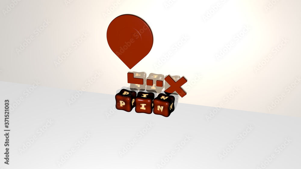 Poster 3d graphical image of pin vertically along with text built by metallic cubic letters from the top pe