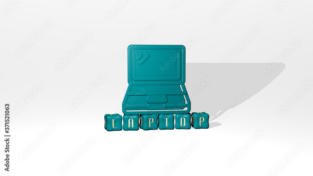 Poster laptop 3d icon object on text of cubic letters - 3d illustration for computer and business