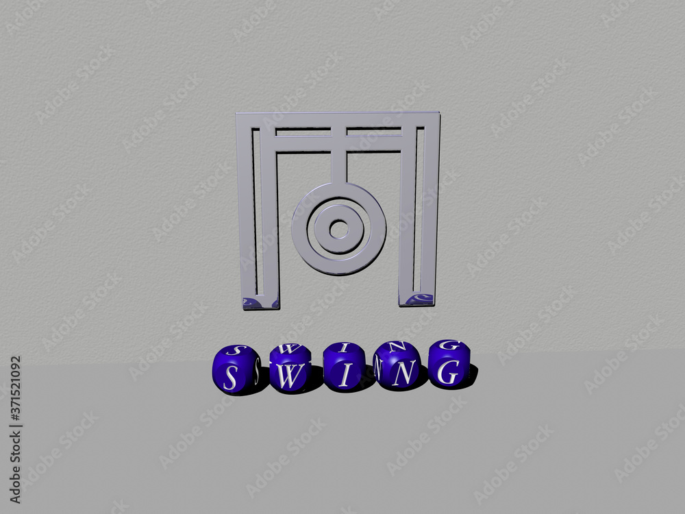 Poster 3d representation of swing with icon on the wall and text arranged by metallic cubic letters on a mi