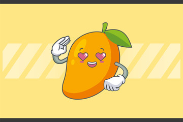 LOVELY, HAPPY, LOVING IN LOVE, HEART EYE Face Emotion. Salute Handgun Hand Gesture. Yellow Mango Fruit Cartoon Drawing Mascot Illustration.