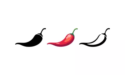 Fotobehang Spicy chili hot pepper icons. Vector Asian and Mexican spicy food and sauce, red and black outline chili © males_design
