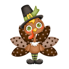 Illustration of a cute cartoon turkey wearing a pilgrim hat isolated on a white background. Thanksgiving turkey boy.