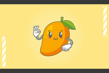 SMILING, HAPPY, UWU Face Emotion. OK Nice Hand Gesture. Yellow Mango Fruit Cartoon Drawing Mascot Illustration.