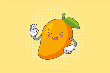 LAUGHING, HAPPY, FUN, cheerful Face Emotion. OK Nice Hand Gesture. Yellow Mango Fruit Cartoon Drawing Mascot Illustration.