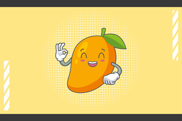 LOL, HAHA, LAUGH, fun Face Emotion. OK Nice Hand Gesture. Yellow Mango Fruit Cartoon Drawing Mascot Illustration.