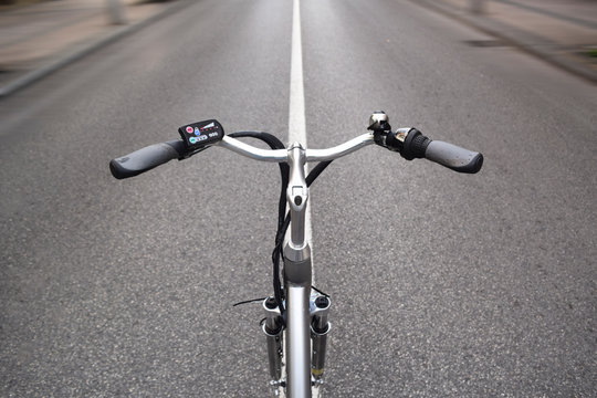 electric bicycle in motion wheel on the street, e-bike, city bike