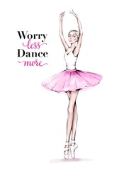 Hand drawn beautiful dancing woman. Pretty ballerina. Girl in pink point shoes. Ballerina in pink tutu. Beautiful female ballet dancer. © marisa__
