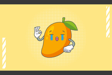 CRYING, SAD, SOB, CRY Face Emotion. OK Nice Hand Gesture. Yellow Mango Fruit Cartoon Drawing Mascot Illustration.