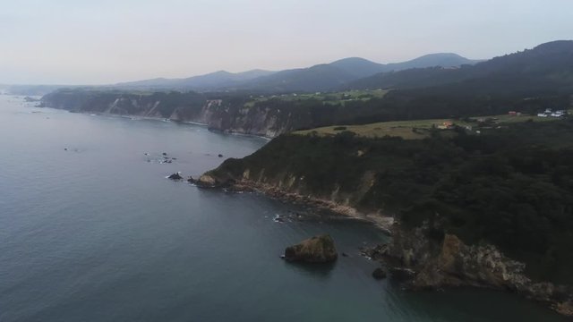 Asturias. Beautiful coastal landscape in Cadavedo. Spain. Aerial Drone Footage 