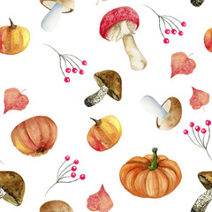 Seamless pattern of watercolor mushrooms, pumpkins and autumn leaves