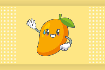 NERVOUS, PHEW, DISAPPOINTED, RELIEVED Face Emotion. Waving Hand Gesture. Yellow Mango Fruit Cartoon Drawing Mascot Illustration.