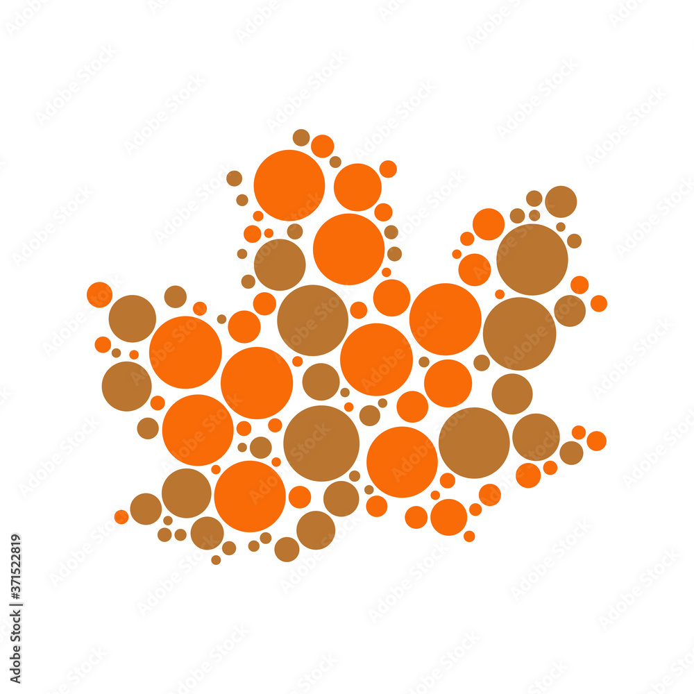 Poster maple leaf silhouette filled with circles of random sizes and colors on a white background