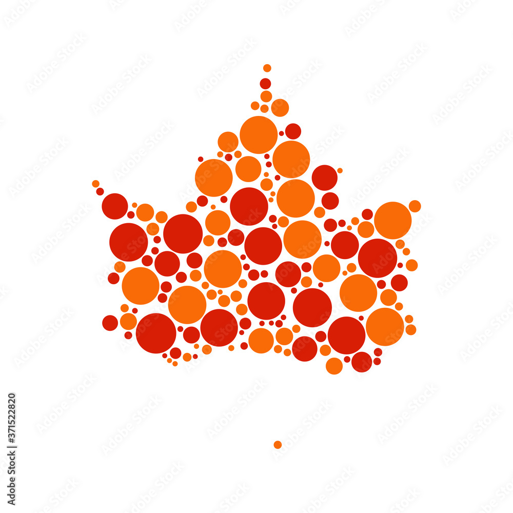 Poster maple leaf silhouette filled with circles of random sizes and colors on a white background