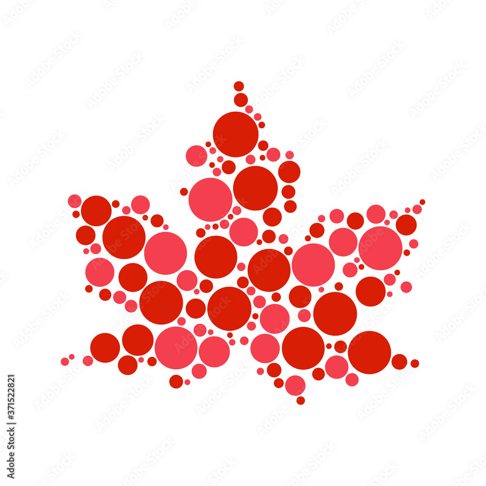 Poster maple leaf silhouette filled with circles of random sizes and colors on a white background