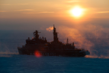 Icebreaker in foggy ice channel