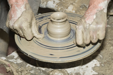 Potter's work on old potter's wheel