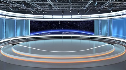 Virtual TV Studio News Set 35-2. 3d Rendering.
Virtual set studio for chroma footage. wherever you want it, With a simple setup, a few square feet of space, and Virtual Set, you can transform any loca
