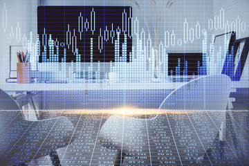 Double exposure of stock market graph drawing and office interior background. Concept of financial analysis.