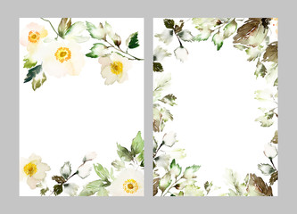 Watercolor card with delicate anemones on a white background. Bouquet of summer flowers.