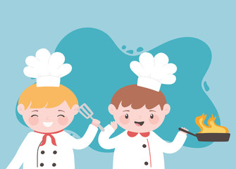 chefs boys cartoon character with fried pan and spatula