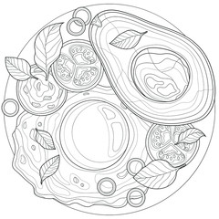 Breakfast. Egg with avocado, sausage and tomato.Coloring book antistress for children and adults. Zen-tangle style.Black and white drawing