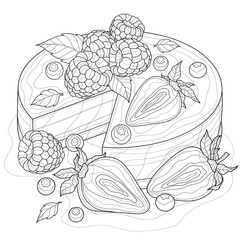 Cake with berries. Strawberries, raspberries, blueberries.Coloring book antistress for children and adults. Zen-tangle style.Black and white drawing