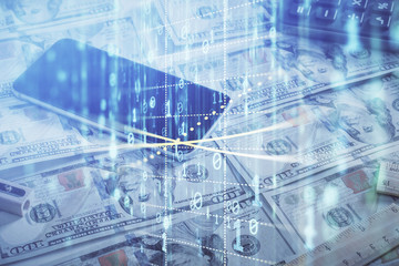 Double exposure of data theme drawing over us dollars bill background. Technology concept.