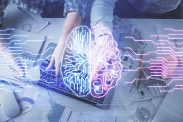 Double exposure of man and woman working together and human brain hologram drawing. Brainstorm concept. Computer background. Top View.