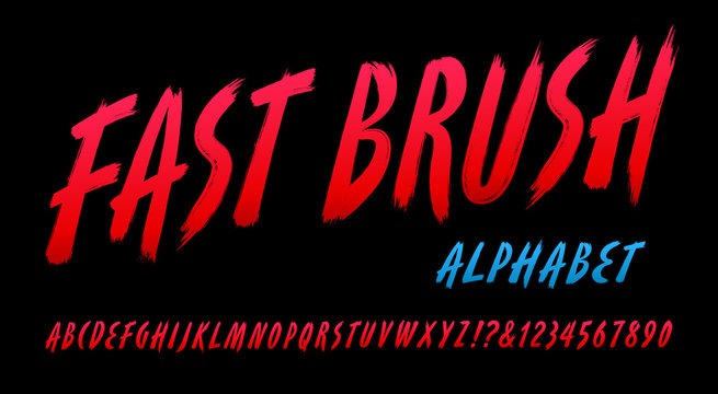 A Tall Condensed and Slanted Brush Alphabet in Bright Red Tones. Fast Brush Font Has a Look of Being Quickly Painted with Slashing Strokes. 1980s Vibe would Go Great with Retro Eighties Graphics.