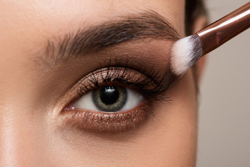 Female open eye close up. Eye makeup for eyebrows and eyelashes. Eyeshadow and powder brush next to...