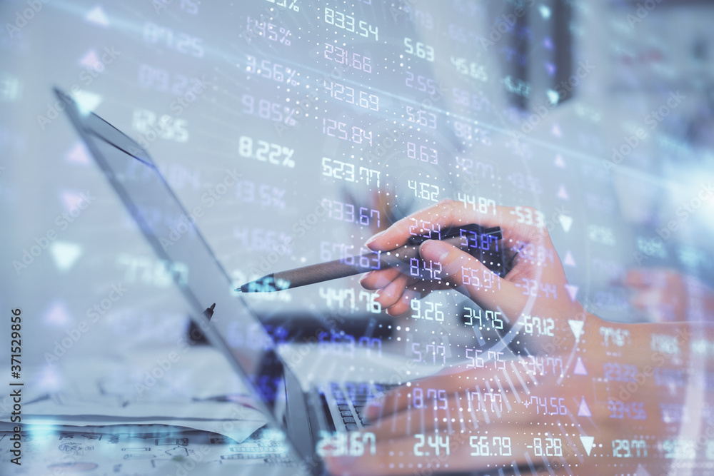 Aufkleber multi exposure of woman hands typing on computer and financial graph hologram drawing. stock market 