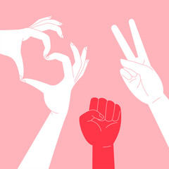 Obraz premium Belarus united opposition symbols flat illustration. Heart gesture, fist and victory gesture in Belarus white-red-white national flag colors. Freedom for Belarus