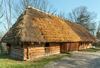 Fototapeta na wymiar Ukrainian traditional countryside cabin with straw roof