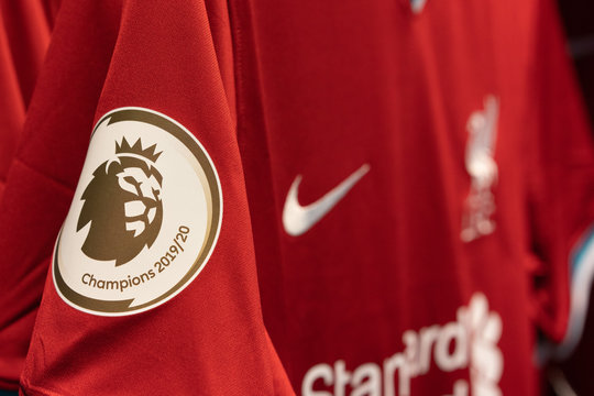 Premier League 2019/20 Champions Arm With Liverpool Logo On Liverpool Football Jersey