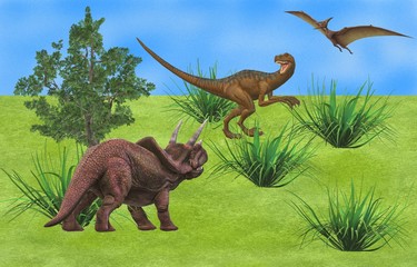 3d image: Dinosaurs in a green meadow