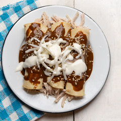 Mexican chicken enchiladas with mole sauce on white background