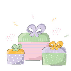 Cute present boxes on white background. Gifts. Birthday theme card or poster. Flat vector illustration