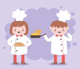 chefs boy and girl cartoon character with fried pan and bread