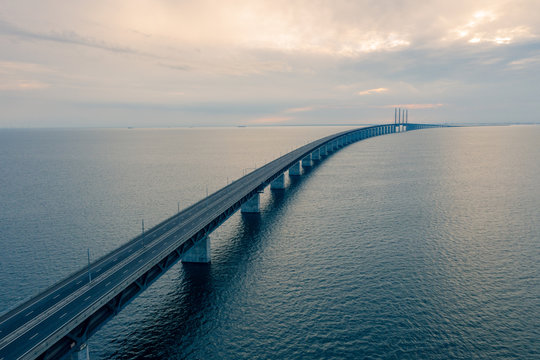 aerial view Oresund bridge seen, Oresundsbron, between Copenhagen Denmark and Malmo Sweden 