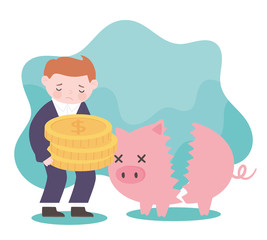 bankruptcy sad businessman with coins and broken piggy bank business financial crisis