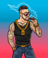 Rich boy - cartoon character in game style. Boss gangster in sunglasses and gold chain. Brutal man smokes a cigar near the club. Fashionable rapper with cigar in his hand. High resolution illustration