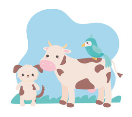 cute dog cow and parrot cartoon animals in a natural landscape
