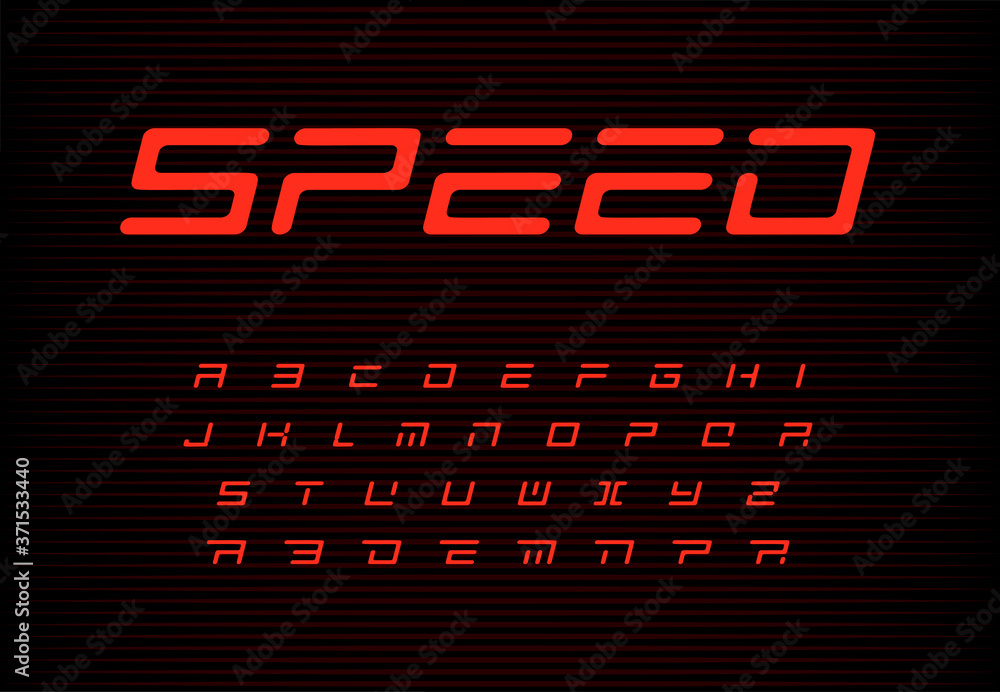 Poster speed letters set. red auto vector alphabet. automotive headline font. dynamic style abc, sport powe